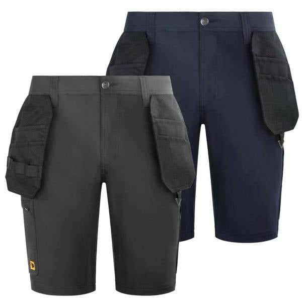 JCB 4-Way Stretch Mens Premium Holster Cargo Work Trade Shorts, front view of two pairs of men's cargo shorts with multiple pockets and black side holsters for work and tradesmen.