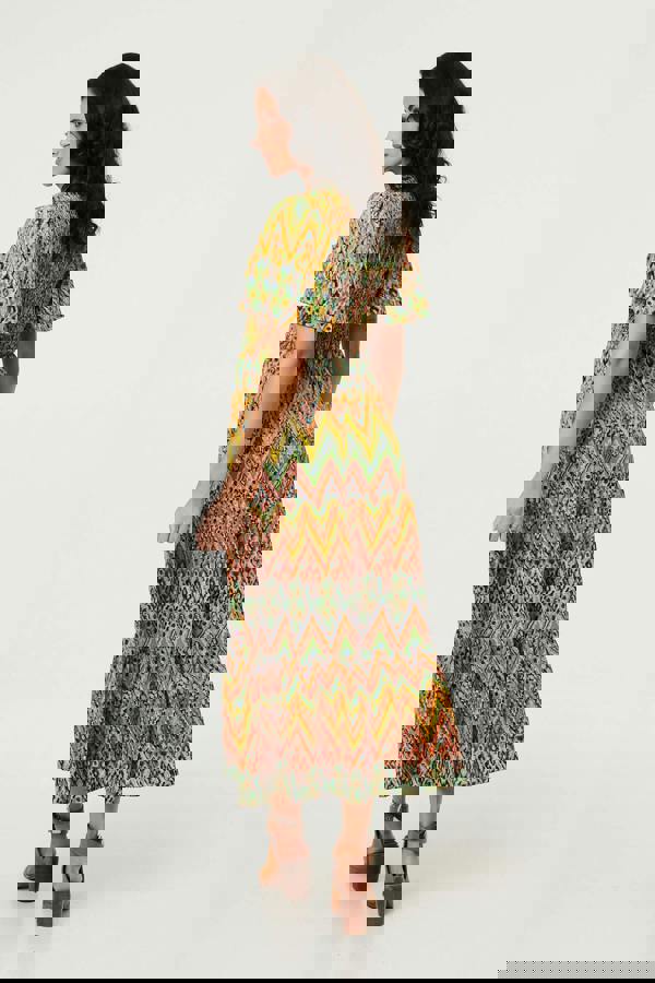 Green | Printed Angel Sleeve Tiered Midi Dress