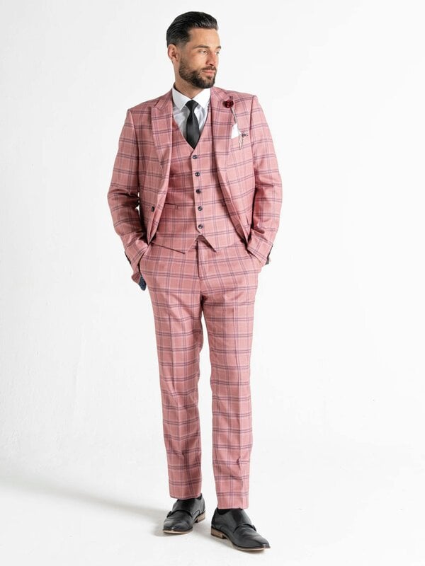V2 Classic Kensignton Three Piece Suit - Rose with White and Navy Blue Checks