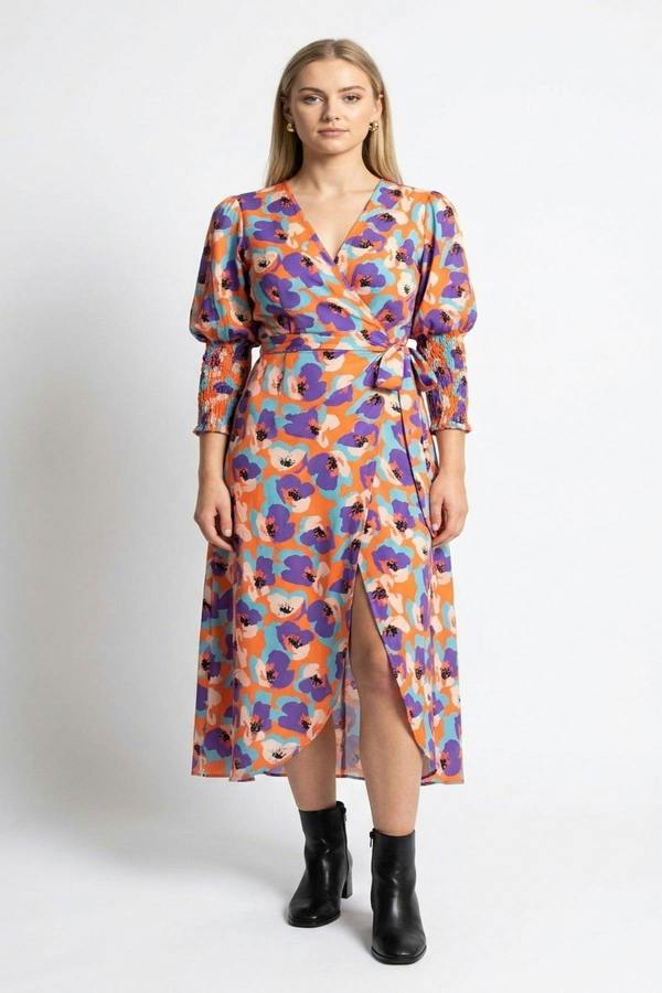 Haniya Wrap Front Printed Midi Dress - Orange