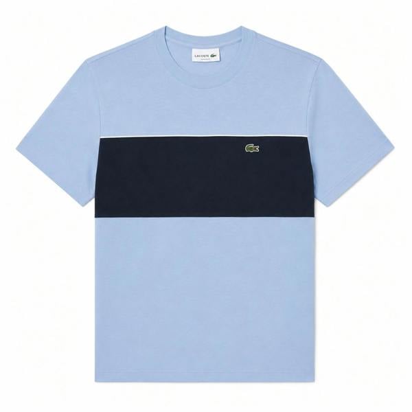 Lacoste light blue cotton t-shirt with a black chest stripe and crocodile logo.