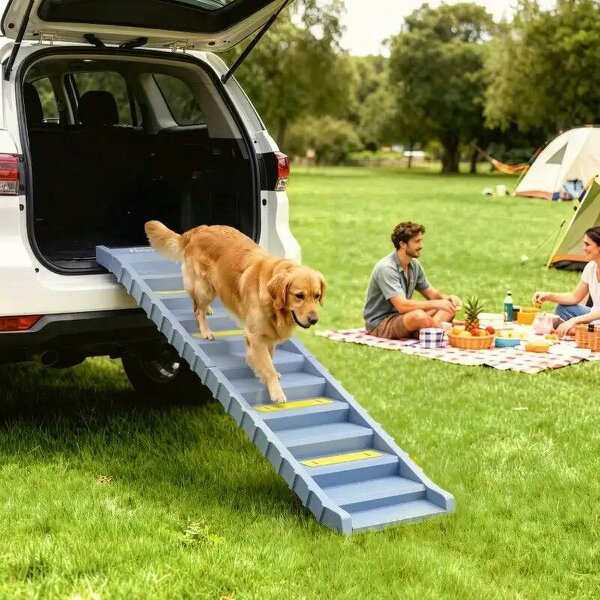 Dog Car Ramp with Anti-Slip Steps, 10-Steps Pet Stairs for Pets to Access Cars and High Beds, Grey - Grey