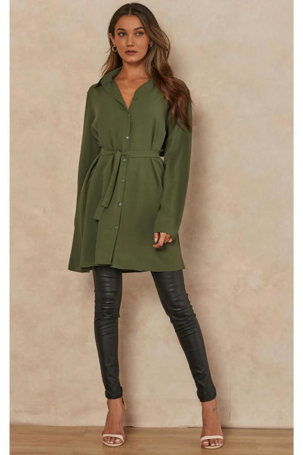 Hoxton Gal Oversized Tie Detailed Shirt Tunic with Long Sleeves in Khaki