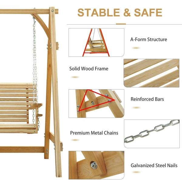 Wooden swing bench on A-frame with reinforced bars and metal chains for stability
