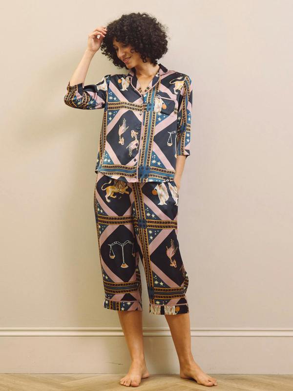 Their Nibs Navy Celestial Dreaming Satin Cropped Sleeve Capri