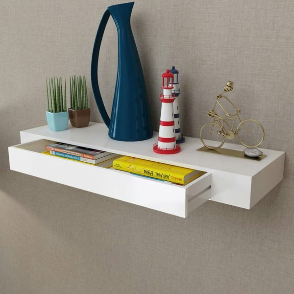 Berkfield White MDF Floating Wall Display Shelf 1 Drawer Book/DVD Storage