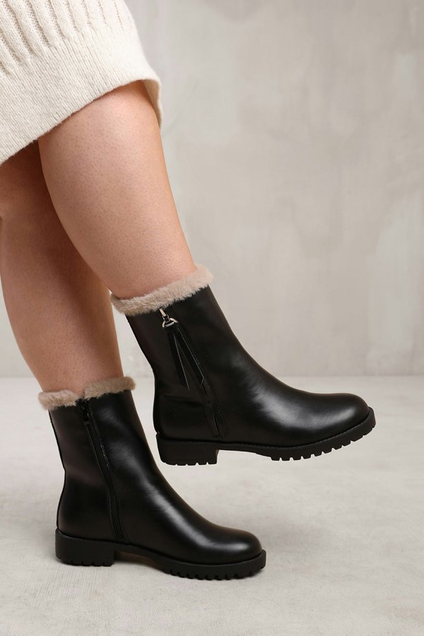 Where's That From Artic Mid Calf Boot With Fur Trim in Black Faux Leather