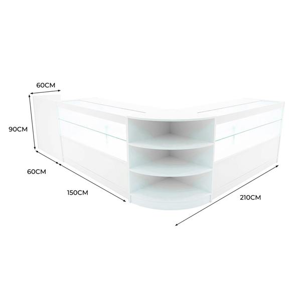Eclipse LED Shop Counter Set in white, featuring sleek curved design, glass display shelves, and modern dimensions of 210cm x 90cm x 60cm