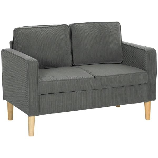 Grey corduroy two-seater sofa with square arms and wooden legs