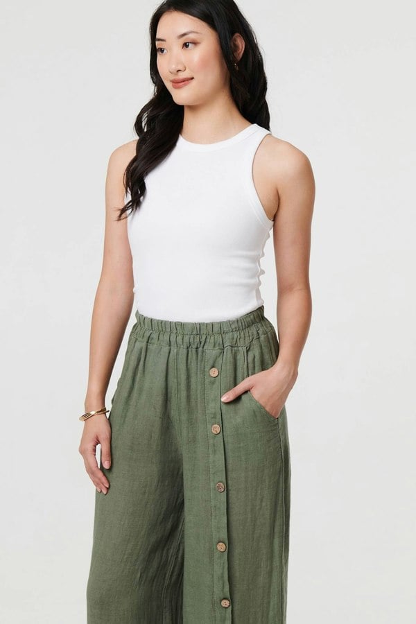 Khaki | Button Detail Wide High Waist Trousers
