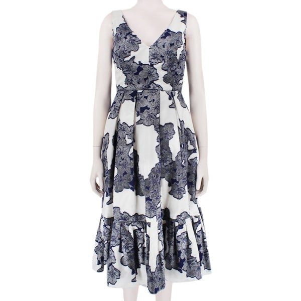 An exquisite Erdem dress in a pearlescent white and ink blue floral filcoupe