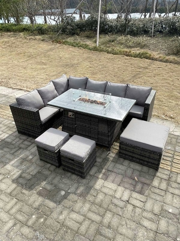 Fimous 9 Seater Rattan Corner Sofa Set Gas Firepit Dining Table Set Patio Heater Burner With Big Footstool Dark Grey Mixed