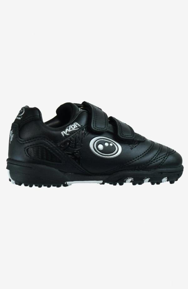 Black Optimum Razor astro trainer side view with silver Razor logo, twin straps and studded sole - Optimum