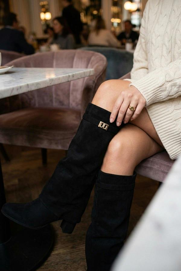 Cordelia Slouchy Wedge Knee High Boots - Black Suede