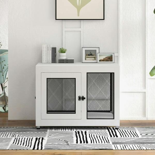 White dog cage and side table with two front mesh doors and black latch, on rug