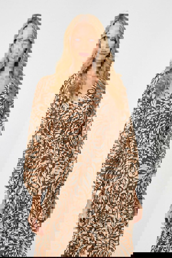 Brown | Printed Layered Long Sleeve Maxi Dress

