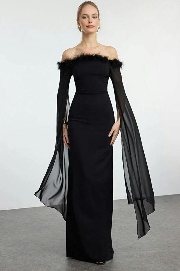 WOVCOR Long Elegant Evening Dress with Sleeve Detail and Pleats