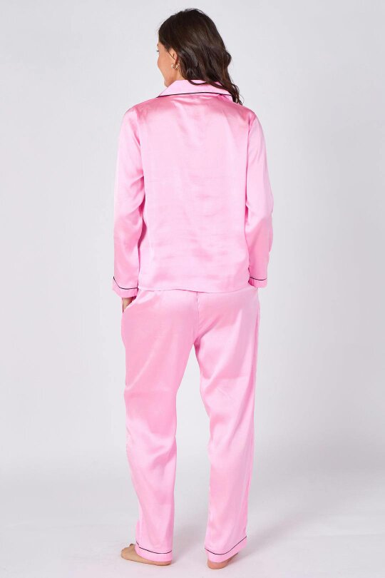 Elaina Fashion Women's Pink Satin Pyjama Sleepwear Set with pockets- Long Sleeves Soft