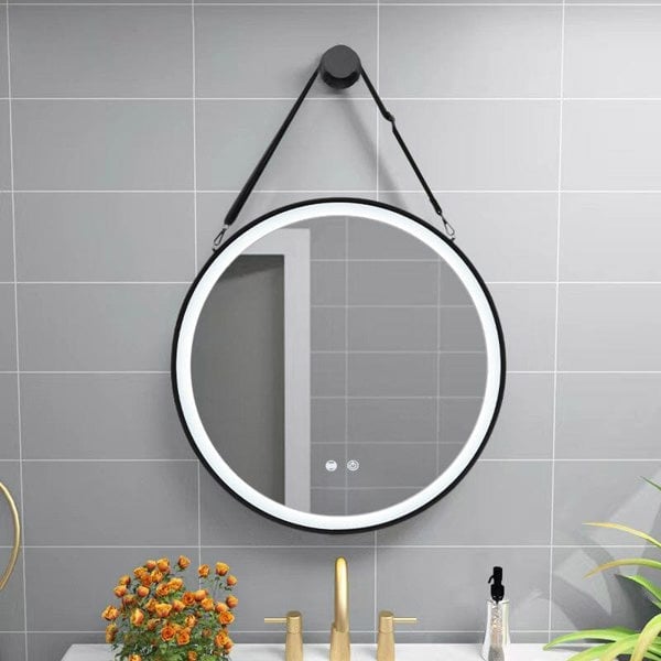 Round Metal LED Mirror with Hanging Strap Bathroom Mirrors Living and Home