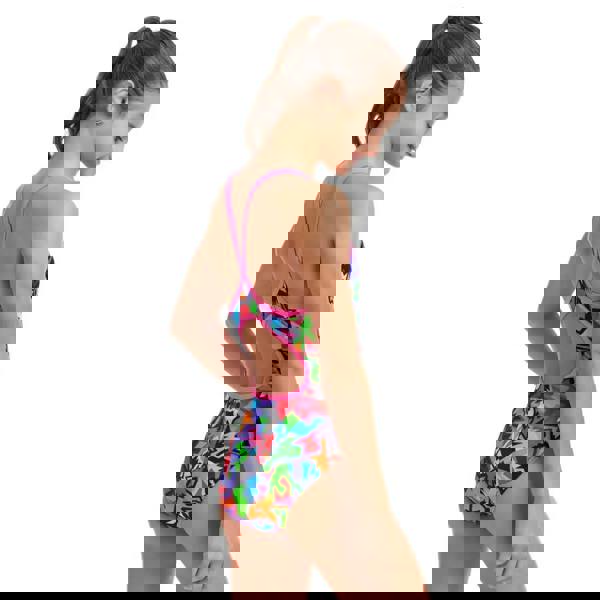 Funkita girls sharp edges diamond back swimsuit in multicolored floral with pink accents