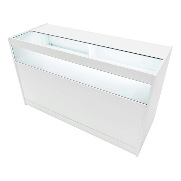 White Triton LED shop counter set featuring sleek design, glass display top, and illuminated interior for showcasing products
