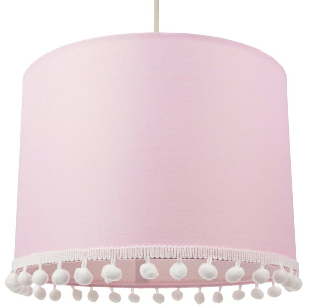 Cute and Modern Pink Cotton 10" Lamp Shade with Small White Woolly Pom Poms Image 2