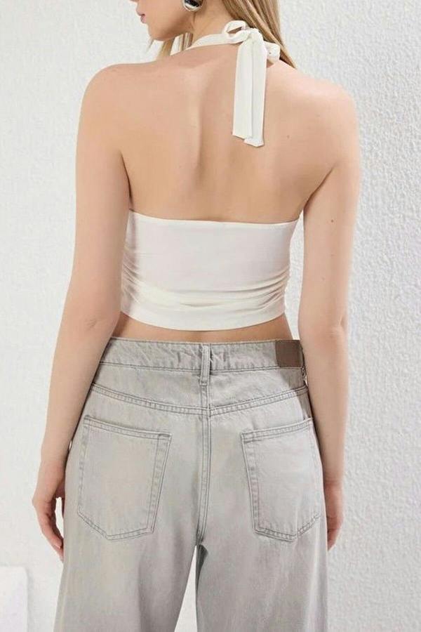 WOVCOR Halter Neck Patterned Fitted Crop Knit Blouse