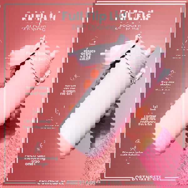 A light pink stainless steel water bottle, with a full flip lid that opens 240 degrees, is being held; against a pink background.