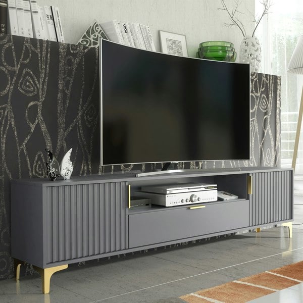 Mex Furniture Luxurious Grey TV Stand with Fluted Doors & Gold Accents – 200cm Media Console