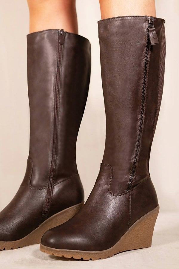 Where's That From Lara Wedge Heel Mid Calf High Boots With Side Zip in Chocolate Brown Faux Leather