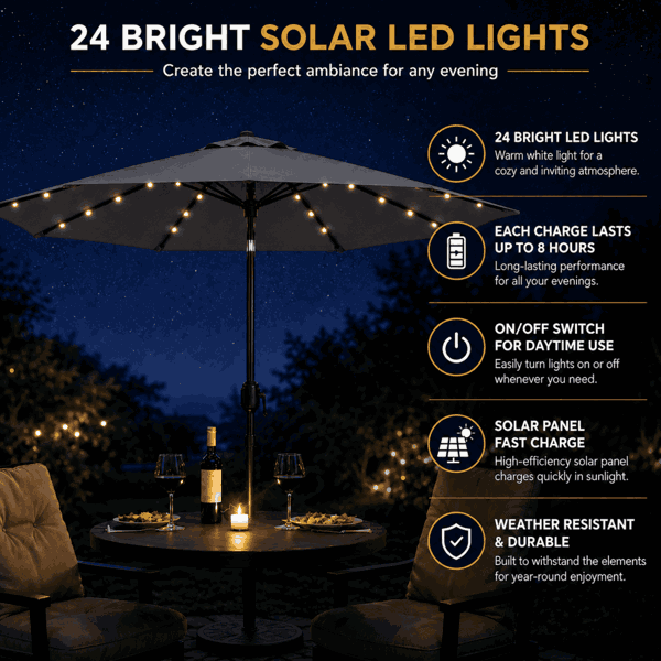 GlamHaus Garden Parasol Solar LED 2.7M ,Tilting Table Umbrella with Crank Handle, Protection UV40, Free Parasol Cover- Dark Grey