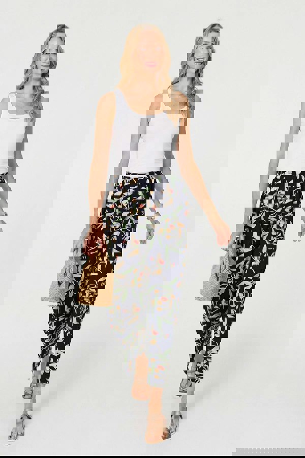 Navy | Leaf Print Tie Waist Wide Leg Trousers
