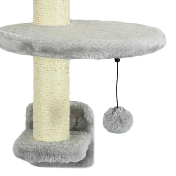 Gray plush scratching post base with circular perch and hanging ball toy