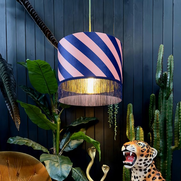 love frankie Helter Skelter lampshade in peach fuzz with gold lining and fringing