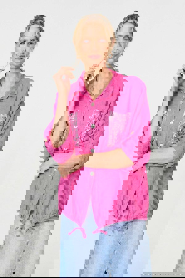 Pink | Sequin Detail 3/4 Turn-Up Sleeve Shirt
