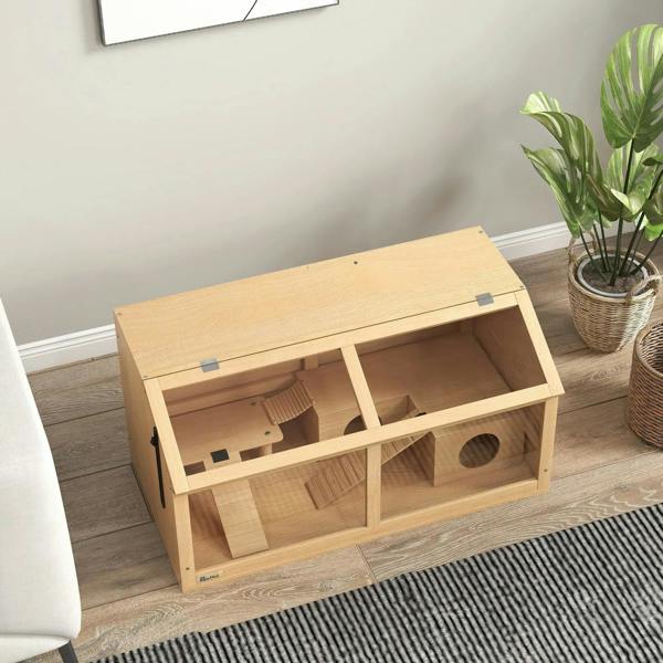 Wooden hamster cage with open top and interior platforms, bridge, and round tunnel hut.