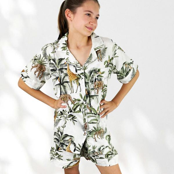 Hayley & Co Giraffe Print 100% Cotton Short Pyjama Set in White