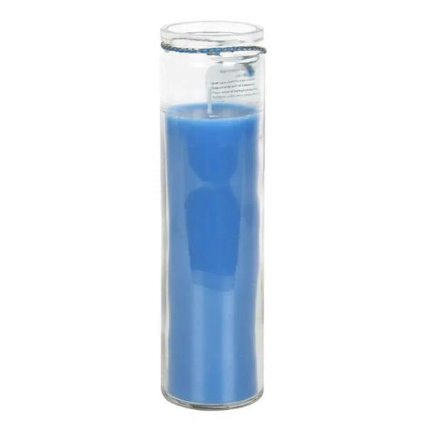 Blue wax cedar tube candle in clear cylinder with exposed wick and metal rim
