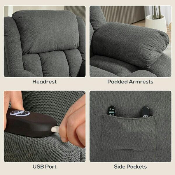 Recliner Armchair Lift Chair, Electric Recliner Chair with Vibration Massage and Heat, Wide Seat, USB Port, Grey