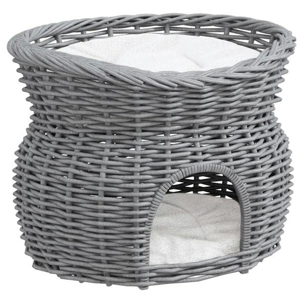 Grey woven wicker cat house with raised basket bed and front arched entrance
