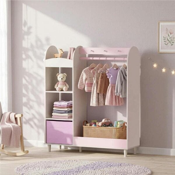 Kids Clothing Rack, Kids Wardrobe with Glowing Lights Mirror, Non-Woven Drawer and Shelves for Bedroom, Ages 3-8, Pink