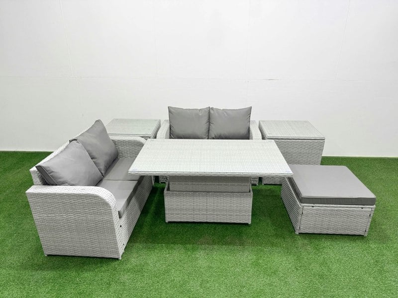 Fimous 5-Seater Light Grey Outdoor Rattan Sofa Set | Adjustable Dining/Coffee Table, Large Footstool, 2 Side Tables