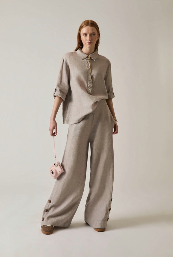 Taupe linen blouse with button front and roll tabs