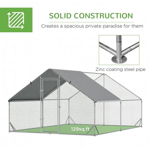 Zinc-coated steel pipe chicken coop with dark roof and enclosed wire mesh