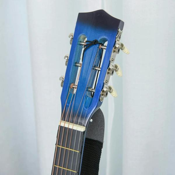Blue acoustic electric classical guitar headstock with tuning pegs and string winders.
