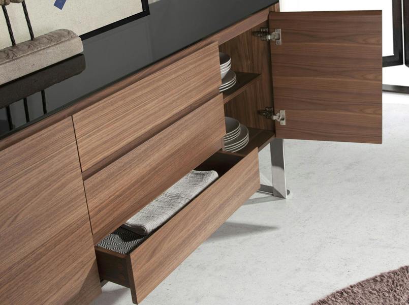 Angel Cerdá Sideboard Walnut, Chrome-plated Steel and Black Glass Top 3060