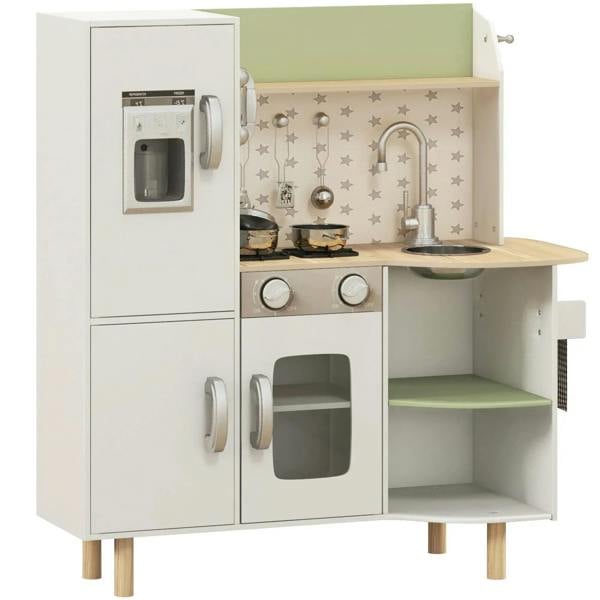 White kids play kitchen with ice maker, stove, and sink, plus open shelves and cabinet