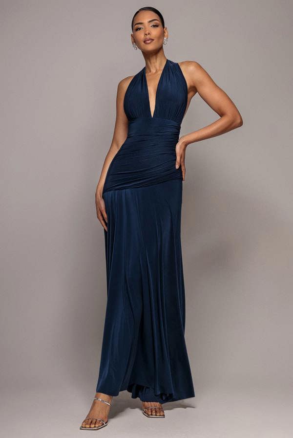 Halter Neck Empire Waist Gathered Maxi Dress - Navy Blue DR5259