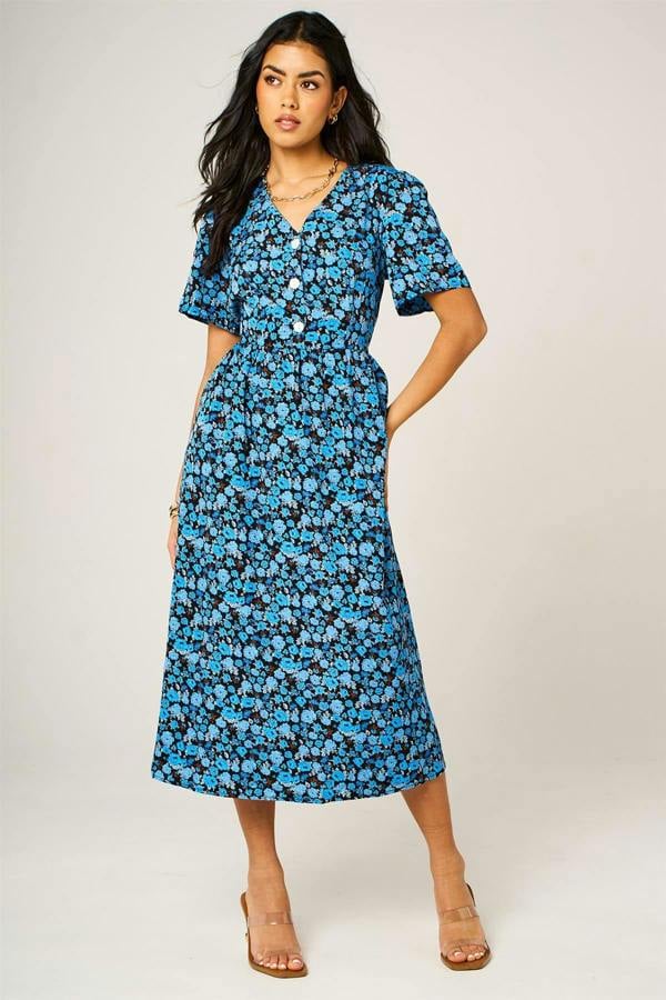 FS Collection Floral Print Button Front Midi Dress In Royal Blue