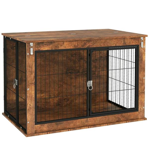 Rustic brown dog crate furniture with two front doors and wire paneling